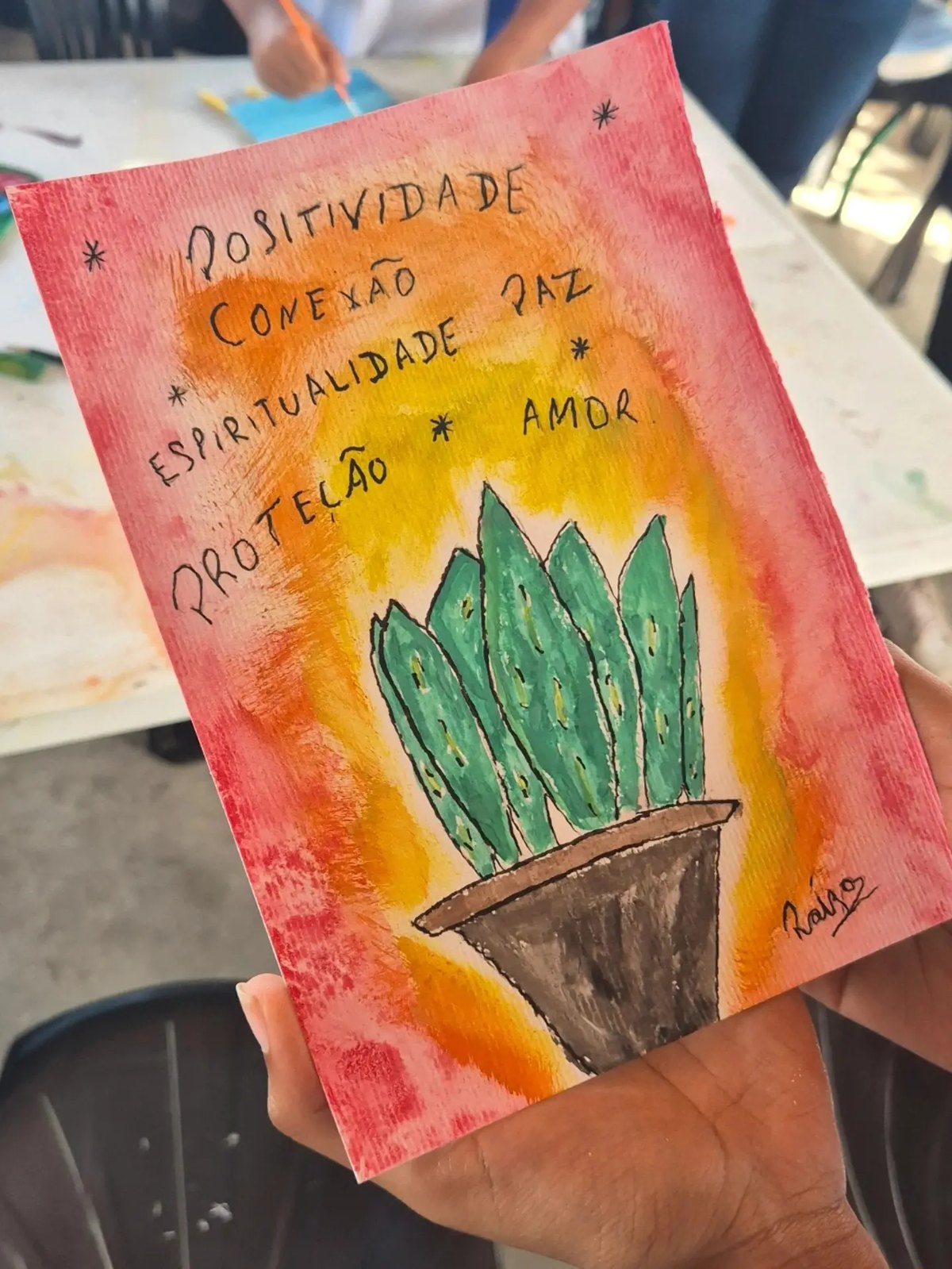 Caravana Verger, Salvador: aquarela de uma criança na oficina, à beira da baía.